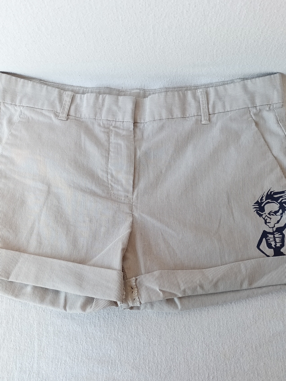 GAP Beige With Light Grey Pinstripe Shorts with Navy Graphic Accent